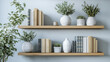 © THUA - Wooden shelves with books and plants in bright room