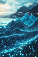 Poster - Abstract Visualization of Data Waves with Bright Blue Points and Serene Background Mountains
