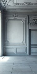 Poster - A large room with a white wall and a white door. The room is empty and has a lot of space