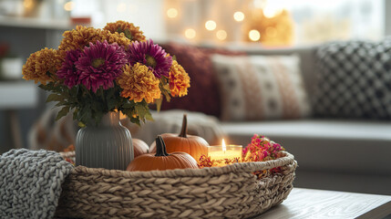 Poster - Cozy autumn decor with flowers and pumpkins in living room