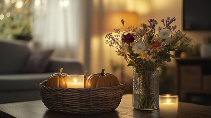 Canvas Print - Cozy autumn living room with candles and flowers on wooden table