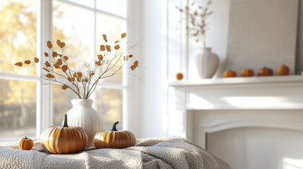 Canvas Print - Cozy autumn living room with pumpkins and vase on mantel