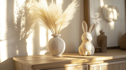 Wall Mural - Wooden bunny and vase with pampas grass on sunlit table