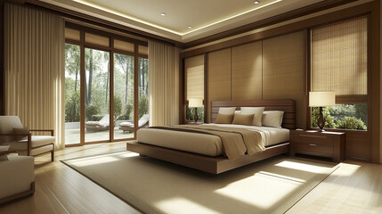 Wall Mural - Elegant bedroom design with wooden nightstand and serene ambiance