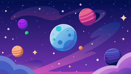 Wall Mural - nebula clouds with colorful planets and scattered stars in a vast space.