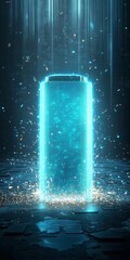 Poster - a blue object with a lot of sparkles on it. it is a cube. the cube is lit up and is surrounded by sp