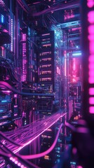 Poster - Explore a futuristic data center featuring glowing cables and vibrant neon lights, creating a high-tech immersive environment.