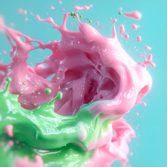 Leinwandbilder - A bright composition with smooth bursts of pink and green complemented by small drops and splashes. The light background enhances the illusion of lightness and movement