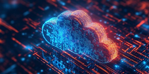 Poster - Neon-lit digital cloud with circuit patterns symbolizing modern data storage and technology innovation.