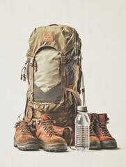 Poster - Backpacker gear setup featuring a hiking backpack, water bottle, and sturdy boots ready for adventure in nature. Generative AI