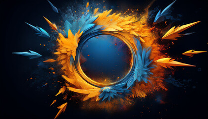 Poster - A vibrant explosion of blue and orange hues forms a circular pattern, creating a dynamic and energetic visual effect against a dark background.