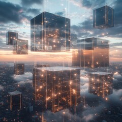 Poster - Surreal Digital World with Giant Translucent Cubes Floating Above a City at Sunset