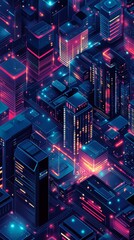 Poster - Experience a vibrant isometric illustration depicting a futuristic urban landscape, showcasing a digitized city network bursting with neon lights and abstract designs.