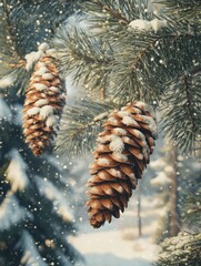 Wall Mural - Pine Cones Hanging From Tree In Snow