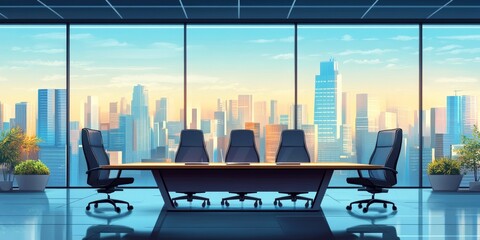 Poster - A large conference table with five chairs and a view of the city. The chairs are black and the table is made of wood