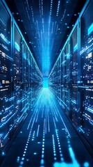 Poster - Experience the essence of a futuristic data center, featuring glowing blue lines symbolizing the flow of information in a high-tech network.
