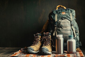 Poster - Essential backpackers gear for outdoor adventures with space for creative text placement. Generative AI