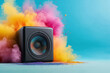 © PIX OF WORLD AI - Colorful neon music speaker with a colorful powder explosion in the background