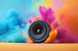 © PIX OF WORLD AI - Colorful neon music speaker with a colorful powder explosion in the background