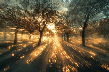 Poster - Experience an ethereal light illuminating a surreal landscape filled with trees. The golden rays create a dreamy scene of tranquility and beauty.