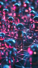 Poster - A group of futuristic robots illuminated by neon lights, symbolizing advanced technology and artificial intelligence in a networked setting.