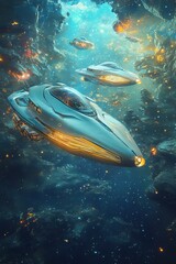 Wall Mural - group of spaceships are flying through space. the spaceships are surrounded by a lot of light and fi
