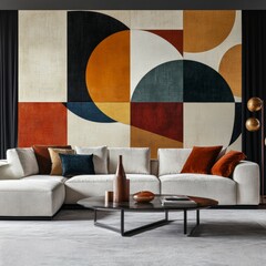 Poster - A living room with a couch, coffee table, and a wall with a colorful abstract design. There are two vases on the coffee table, one of which is empty