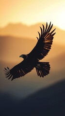 Wall Mural - A large eagle is flying over a mountain range. The sky is orange and the mountains are in the background