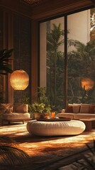 Poster - A living room with a white coffee table and a white ottoman. There are two chairs and a couch. A potted plant is on the table