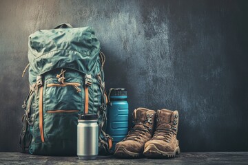 Poster - Essential backpacking gear displayed on a textured surface with space for text and branding opportunities. Generative AI