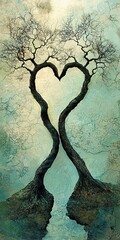 Poster - This artistic depiction showcases two trees forming a heart shape, symbolizing love and connection. The serene colors create a calming atmosphere, perfect for nature lovers.