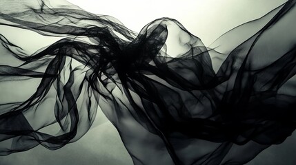 Poster - Ethereal black fabric flowing gracefully, forming abstract shapes against a soft light background, evoking mystery and elegance.