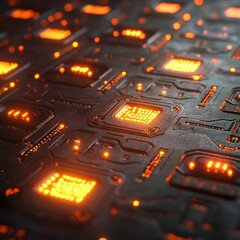 Poster - A close up of a computer chip with many small orange lights. The chip is made of metal and is very detailed