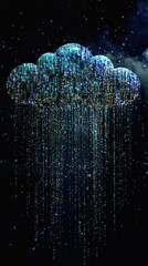 Poster - Explore an abstract representation of a cloud silhouette pouring colorful data streams against a dark background. Ideal for modern design projects.