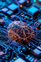 Poster - Computer chip with a brain on it. The brain is glowing and the chip is black. Concept of technology and intelligence