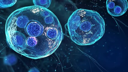 Poster - A group of blue and purple balls floating on top of each other in a captivating arrangement, Visual representation of cellular repair after a physical injury