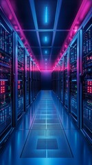 Poster - Modern Data Network Server Room with Colorful Lighting and High-Tech Equipment for Big Data Processing