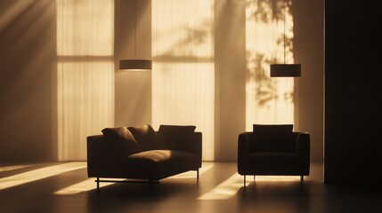 Canvas Print - A serene minimalist living room featuring a sofa and armchair bathed in warm sunlight, creating soft shadows and a tranquil atmosphere.