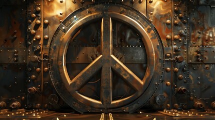 Poster - A peace sign made of rusted metal, set against a background of a steampunk vault door.