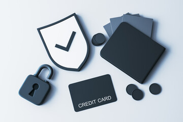 Poster - Secure transaction concept with credit card, lock, wallet, and shield with checkmark on light background. Banking and data protection. 3D Rendering