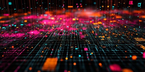 Poster - Explore a captivating digital landscape showcasing a vibrant network grid, with colorful elements representing big data visualization and technology.