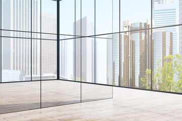 Wall Mural - Modern empty office room with glass walls and cityscape view through windows. 3D Rendering