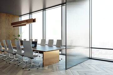 Poster - Modern conference room interior with large wooden table, sleek chairs, and glass partitions overlooking a city skyline in daylight. 3D Rendering