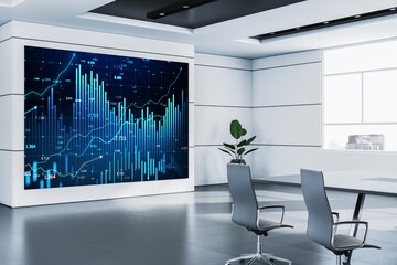 Poster - Modern office with financial charts on digital screen in bright environment. 3D Rendering