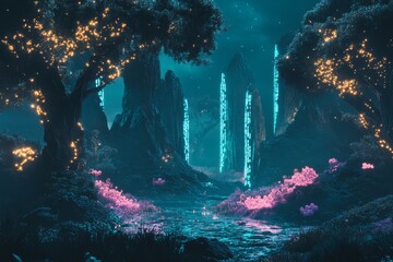 Poster - Explore a magical landscape filled with glowing trees and shimmering waters under a starry sky, creating a serene and dreamlike atmosphere perfect for fantasy themes.