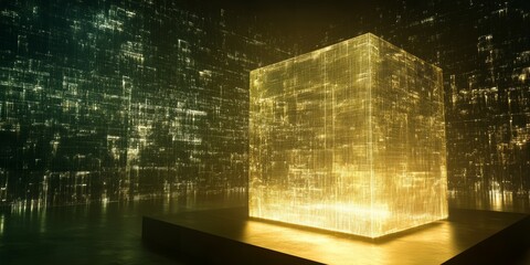 Poster - A striking golden cube radiates light in a digital matrix environment, surrounded by luminous patterns and reflections. Perfect for technology and design themes.
