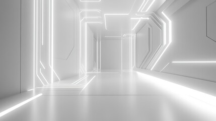 Poster - Large, empty room with white walls and a white floor. The room is illuminated by a series of white lights