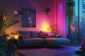 Sticker - A living room with a couch and a plant. The couch is grey and the plant is green