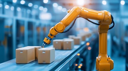 Poster - Robotic arm inspecting a product on a factory conveyor belt, automated quality control, advanced manufacturing