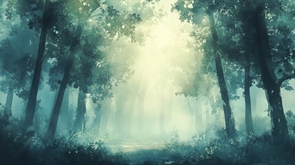Poster - Sunlight filters through a dense forest, casting a magical glow. Ideal for themes of nature, tranquility, and mystery.